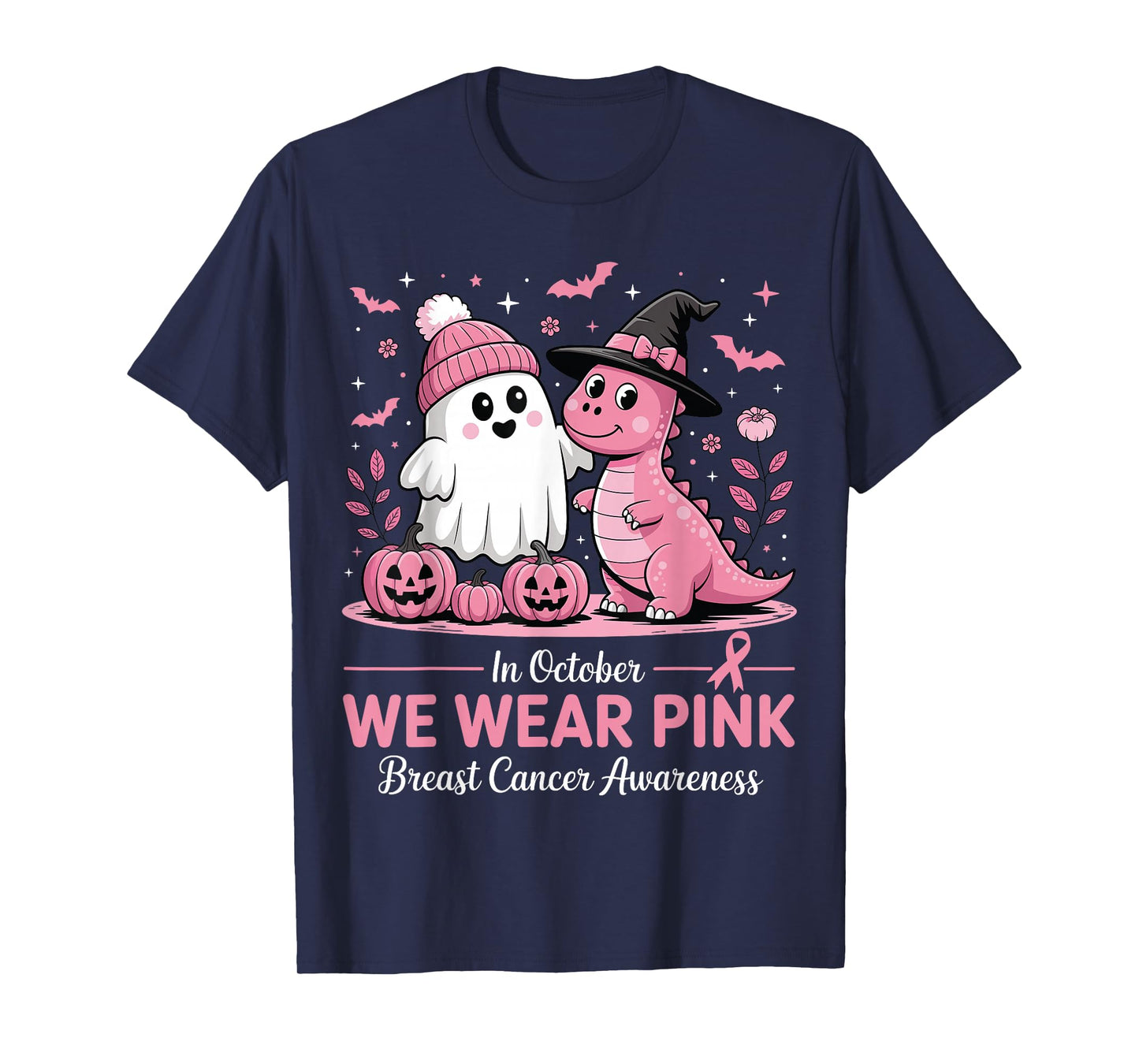 in October We Wear Pink Ghost Witch Dinosaur Breast Cancer T-Shirt