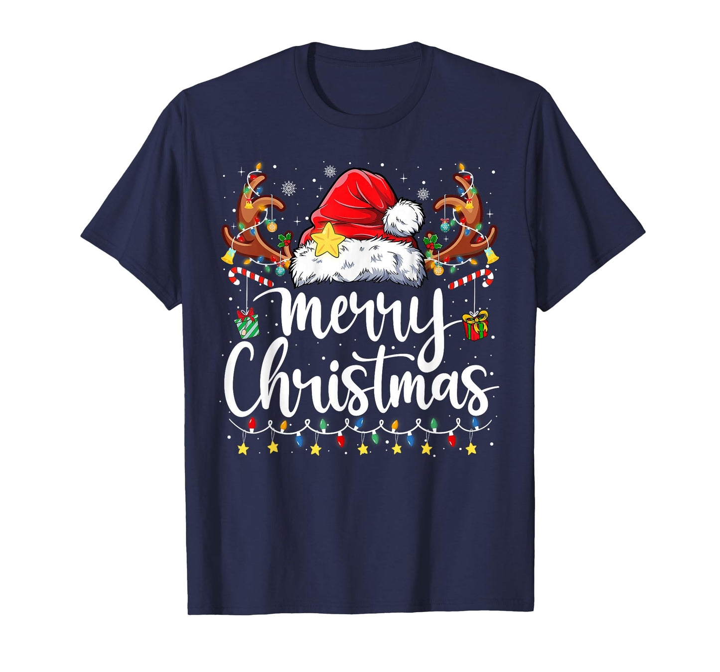 Merry Christmas Lights Red Santa Hat Xmas Family Men Women T-Shirt