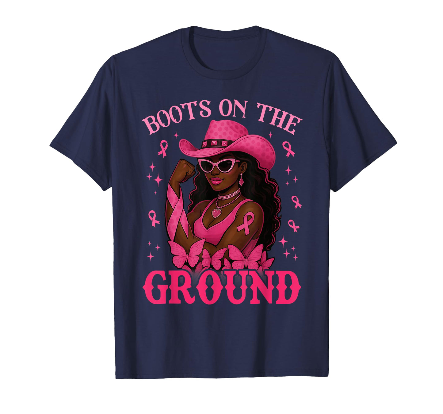 Boots On The Ground Pink Cowgirl Breast Cancer Western Women T-Shirt