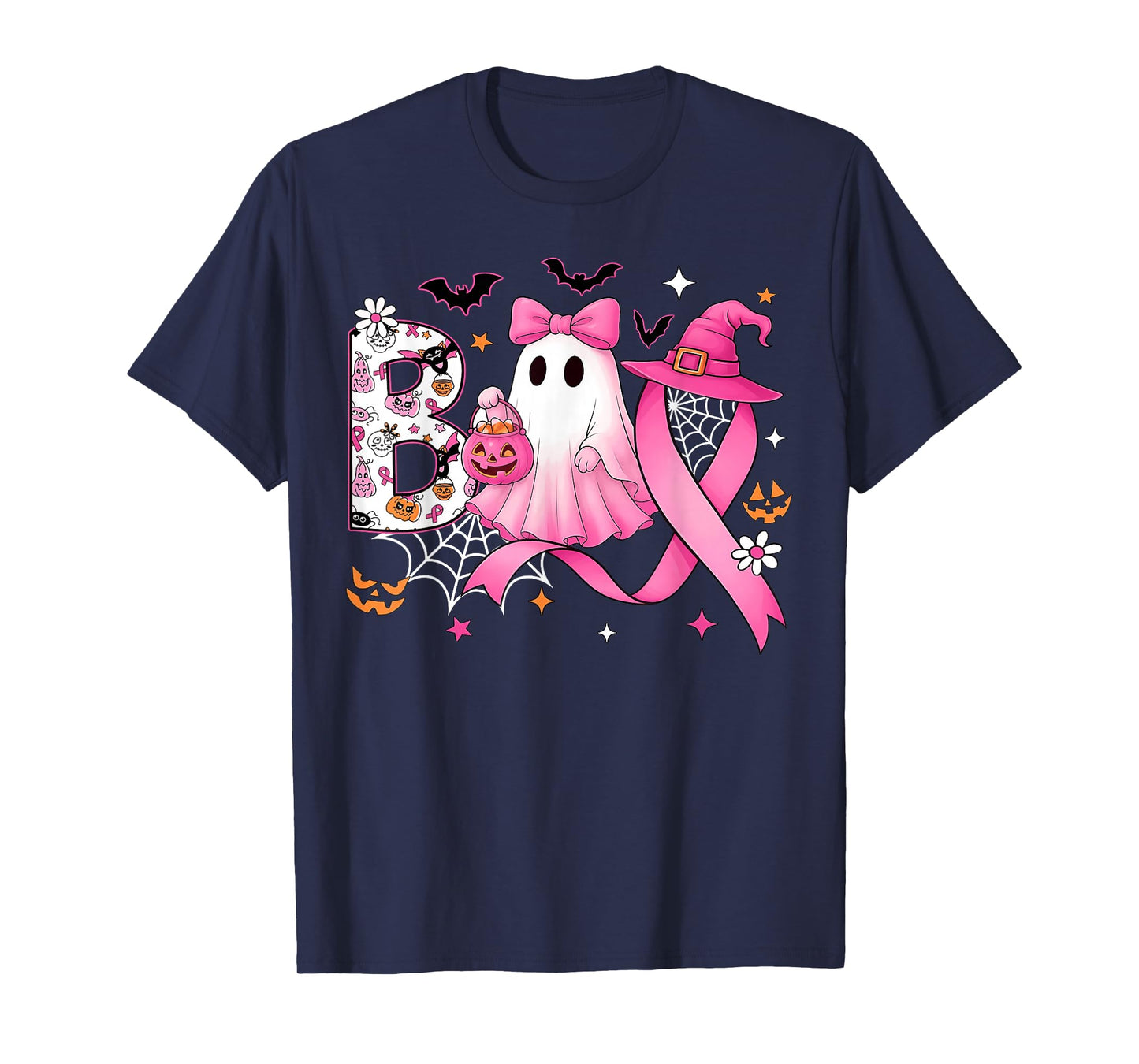 Boo Halloween Pumpkin Pink Ribbon Witch Breast Cancer T-Shirt