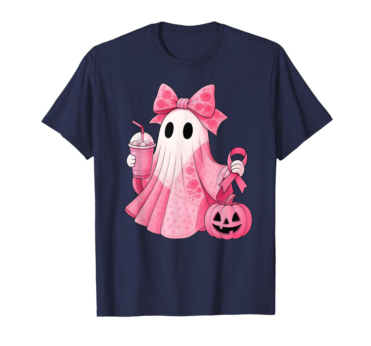 in October We Wear Pink Ghost Witch Breast Cancer Awareness T-Shirt