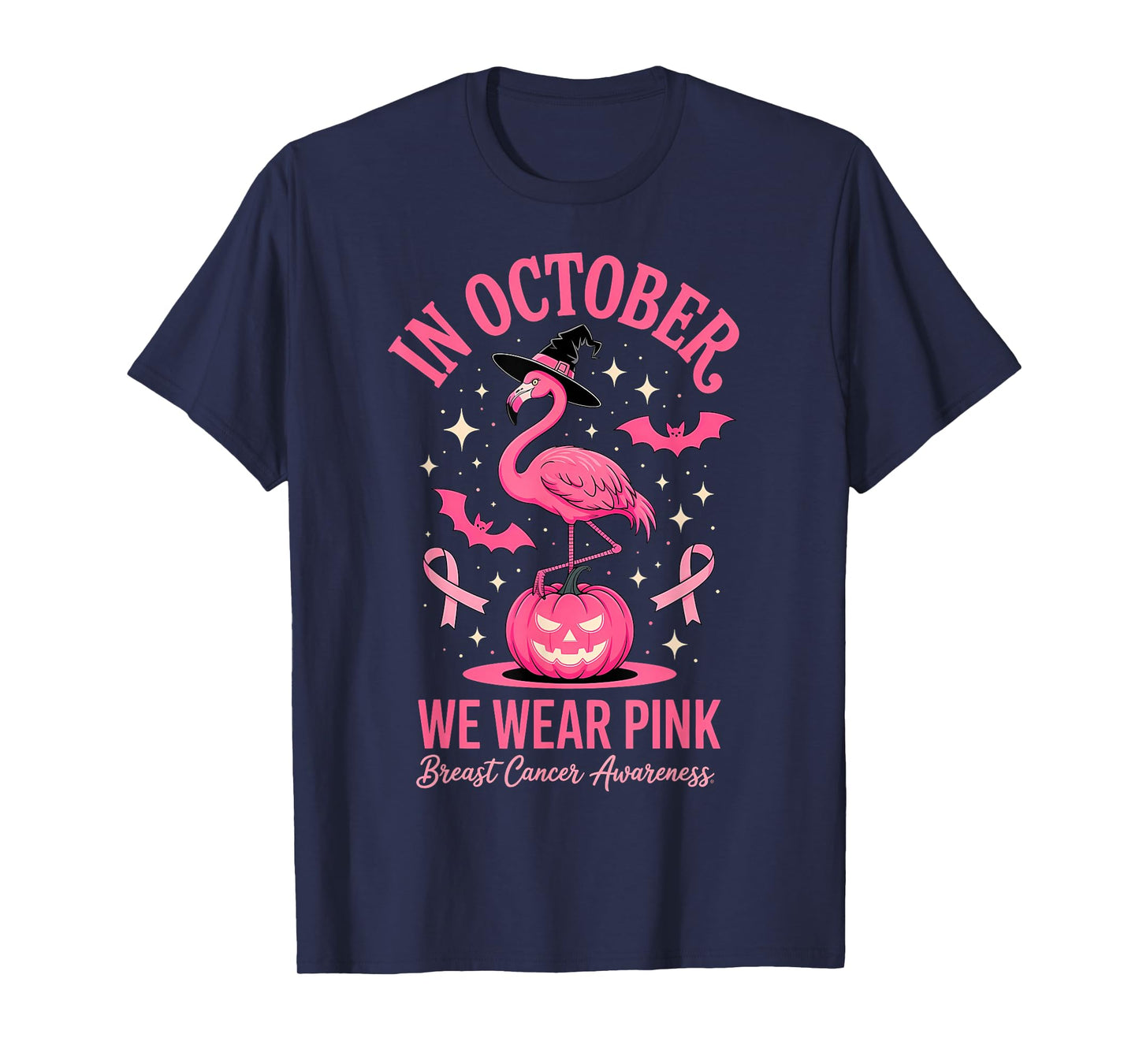in October We Wear Pink Flamingo Halloween T-Shirt