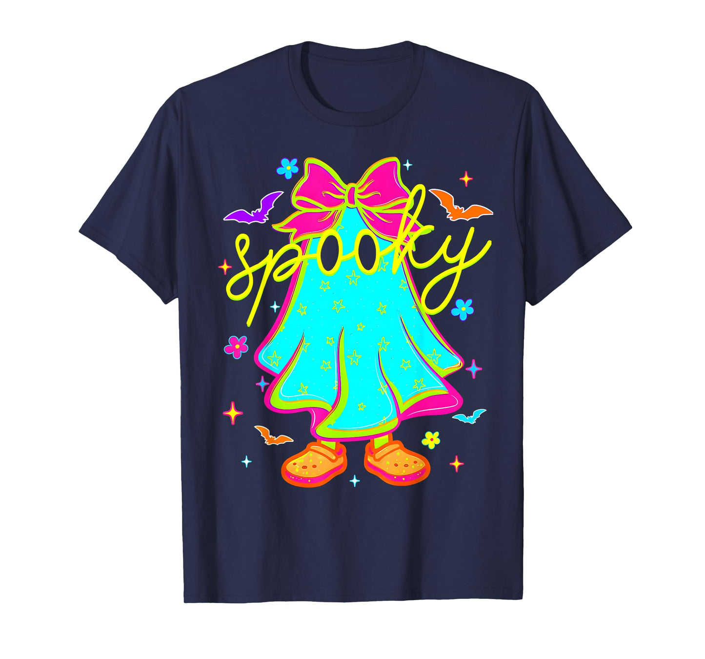 Spooky Halloween Ghost Colorful Coquette Bow Girl Women T-Shirt