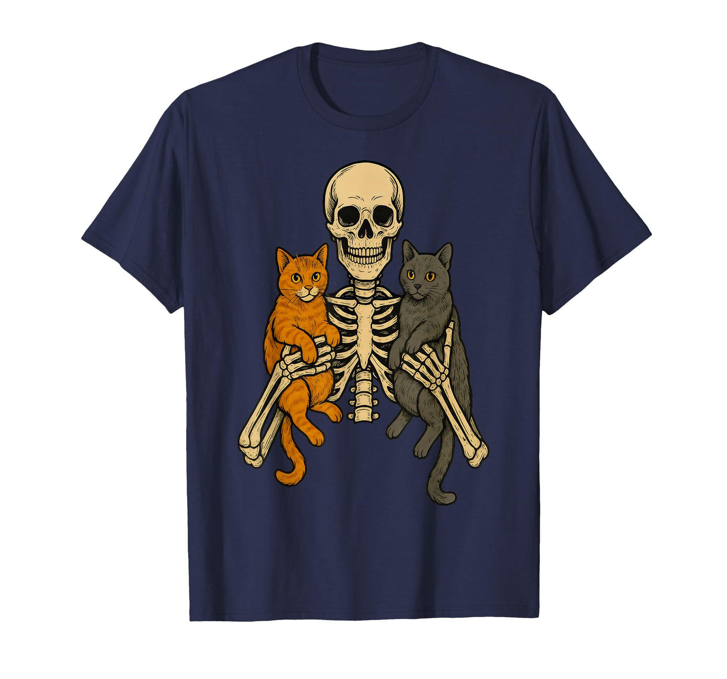 Skeleton Hugging Cat Cute Kitten Funny Halloween Men Women T-Shirt