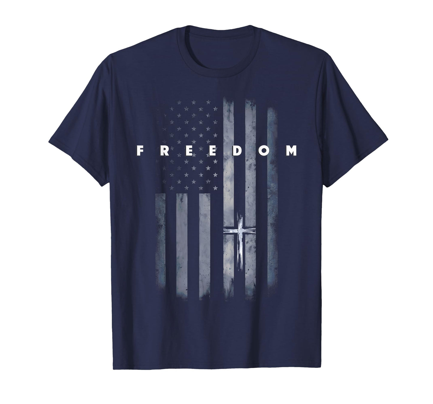 Grunge American Flag and Cross Faith Family Freedom T-Shirt