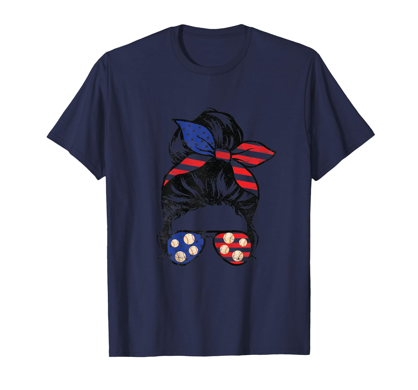 Womens American Flag Baseball Messy Bun Vintage Patriotic 4th July T-Shirt