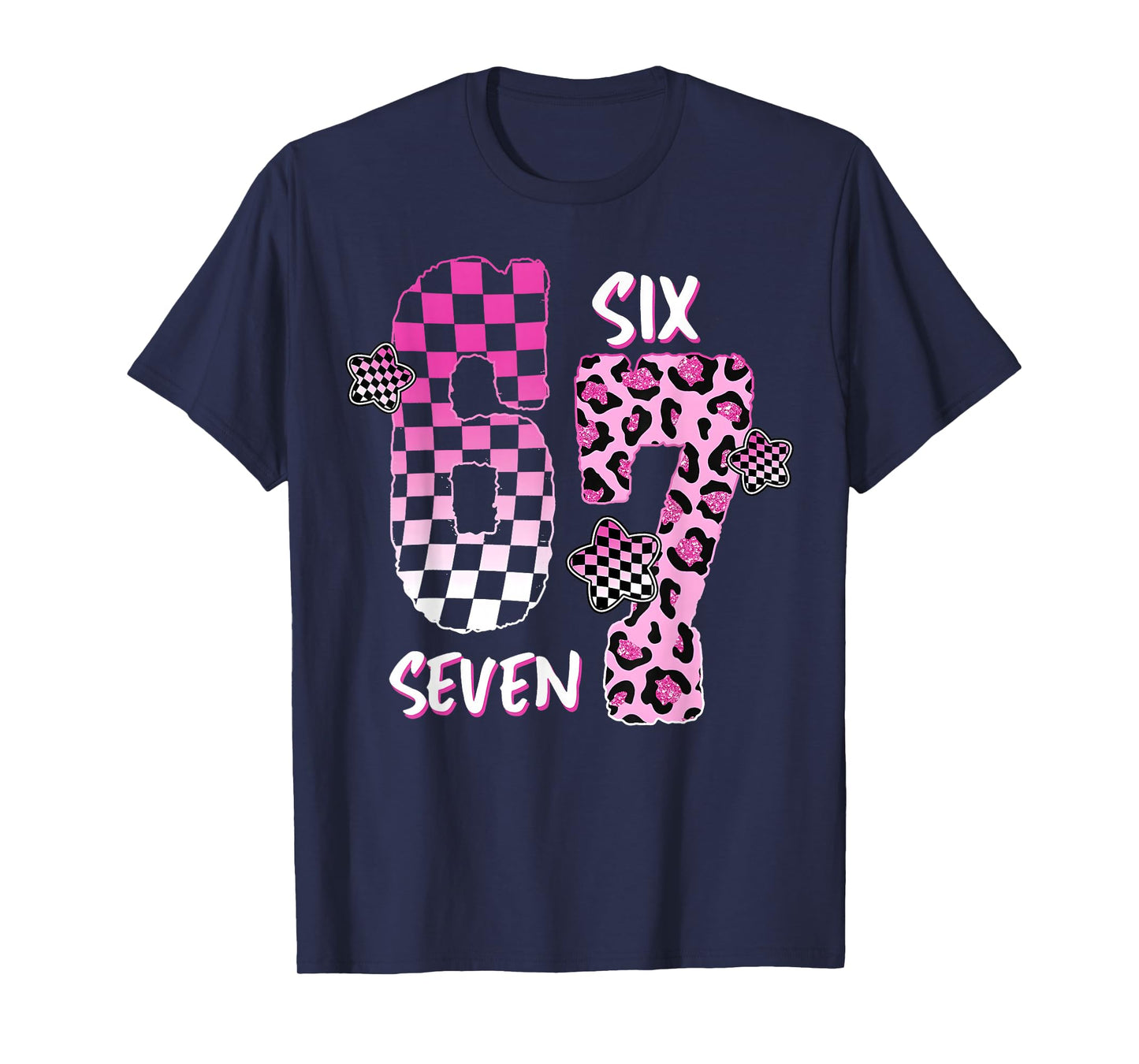 Pink Checker Leopard 6 7 Funny Six Seven Meme Girl Women T-Shirt