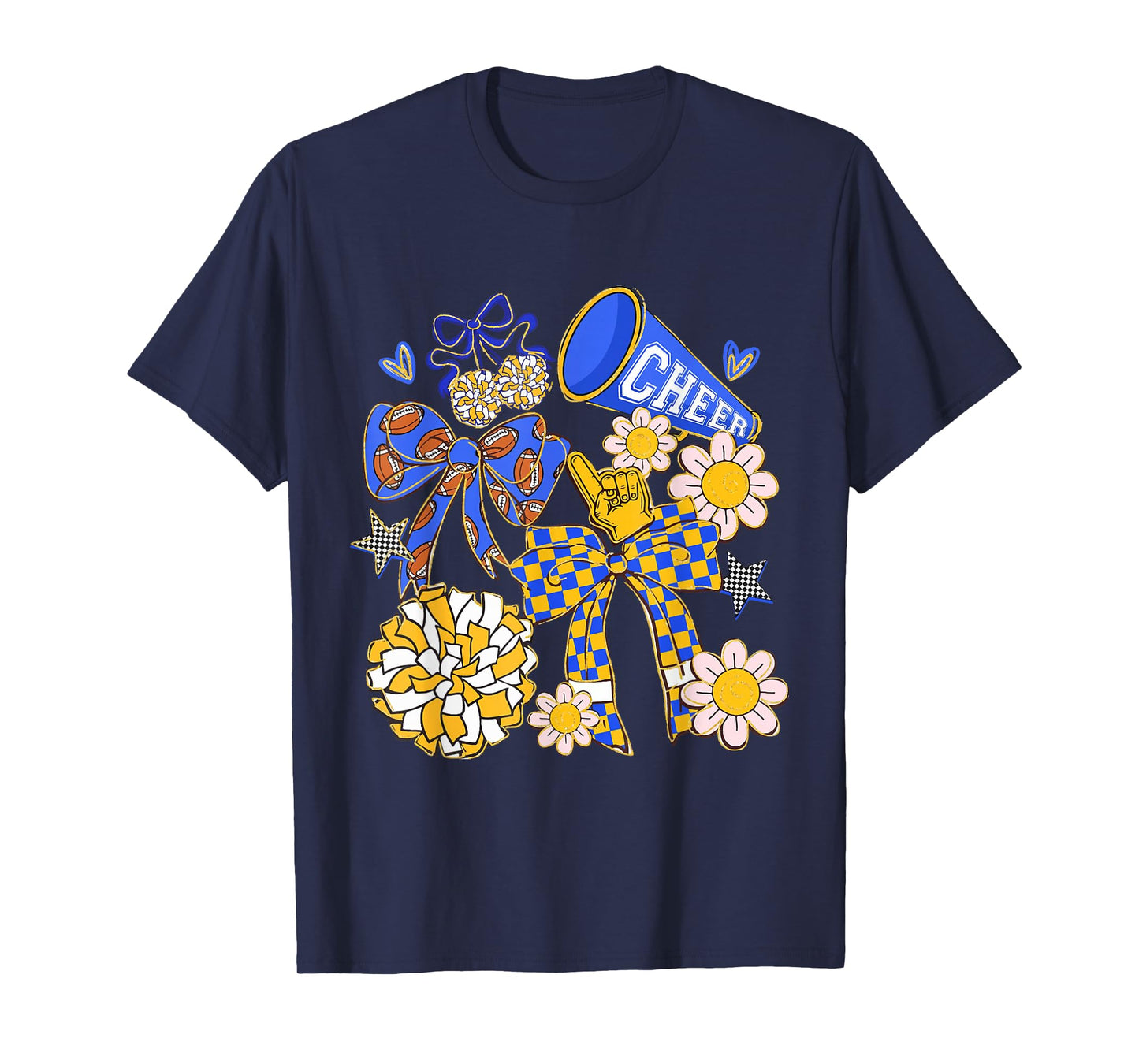Coquette Bow Funny Football Blue Gold Cheer Mom Cheerleader T-Shirt