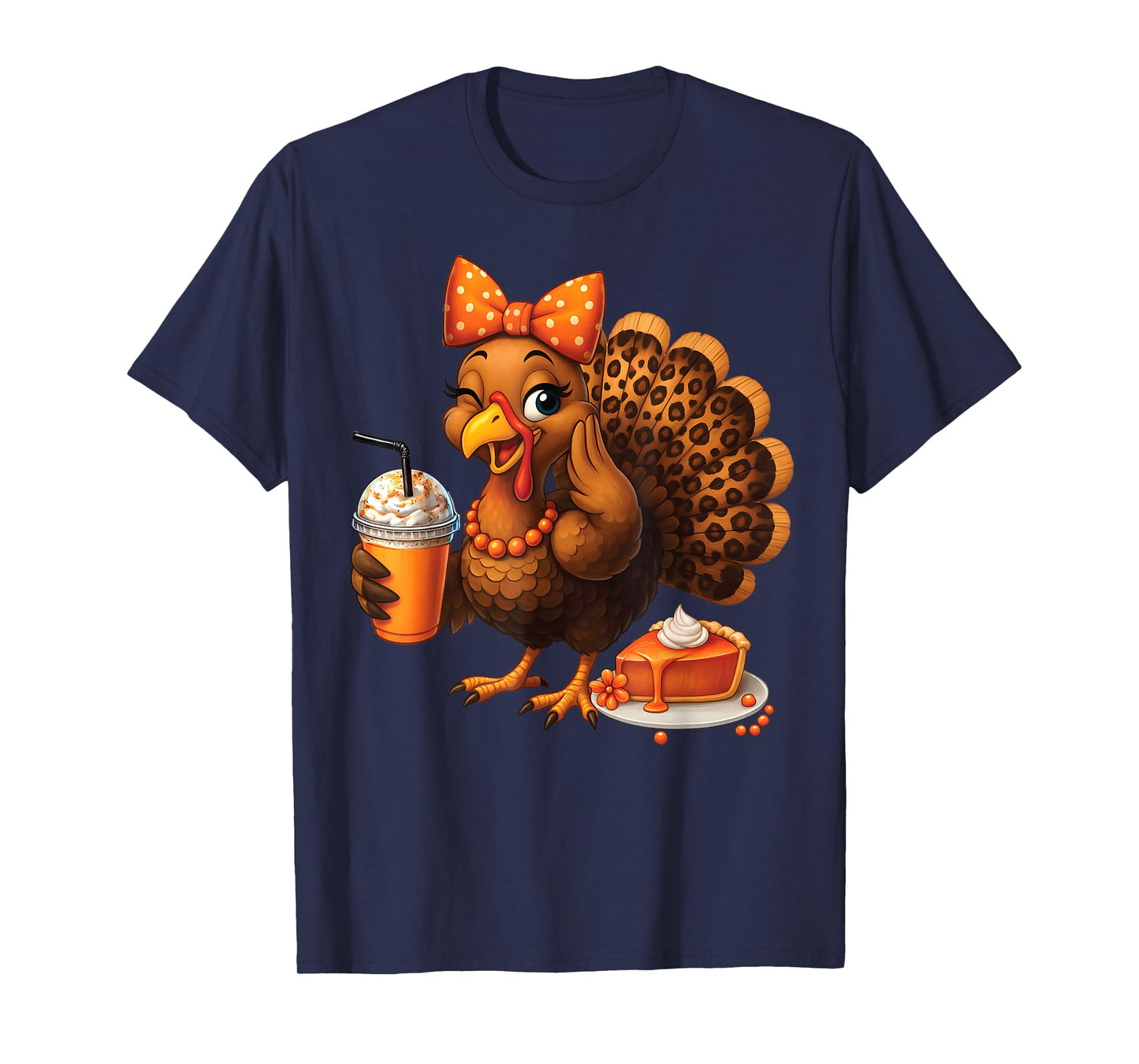 Turkey Drinking Ice Coffee Thanksgiving Bow Girls Womens T-Shirt