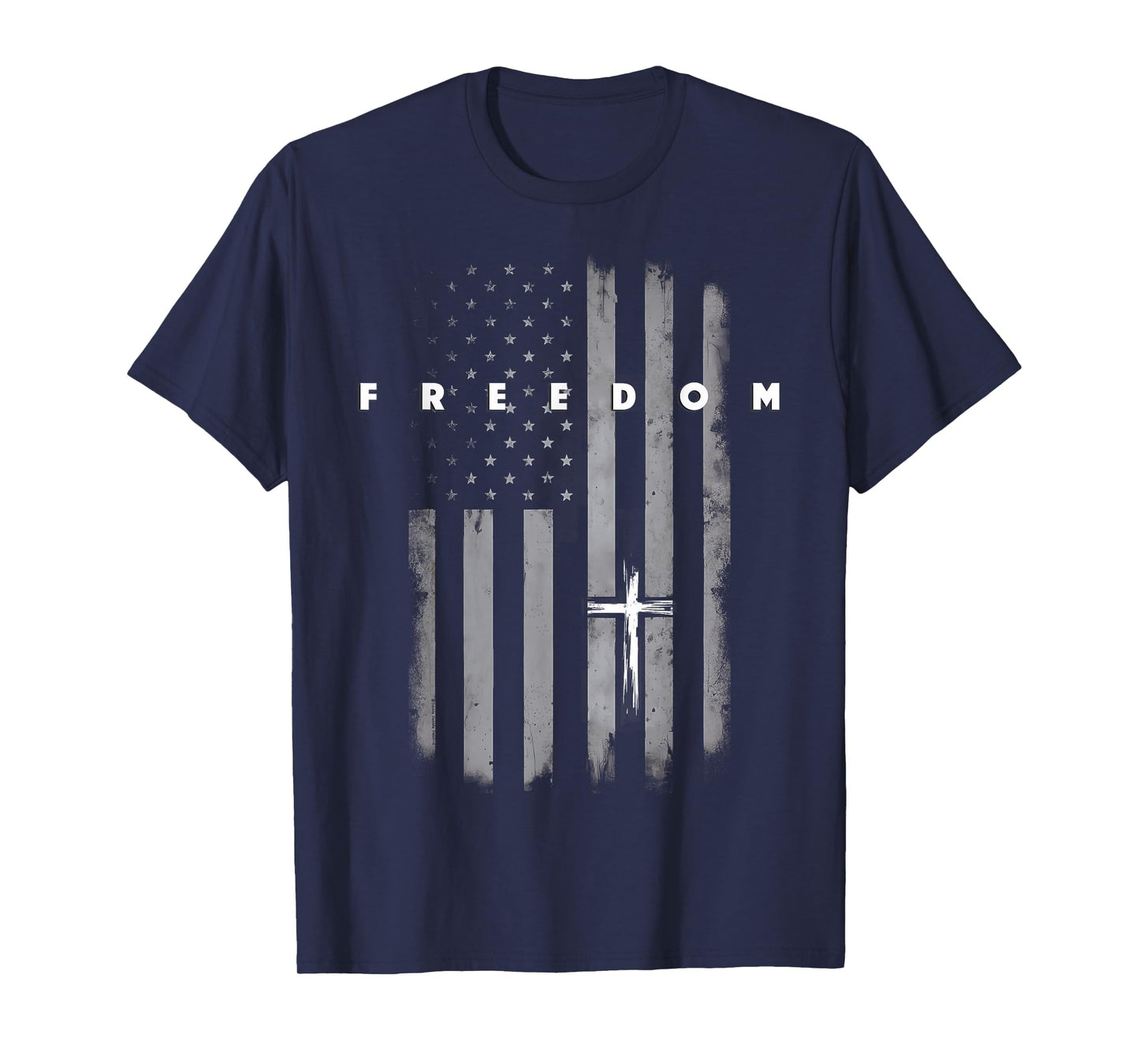 Grunge American Flag and Cross Faith Family Freedom T-Shirt