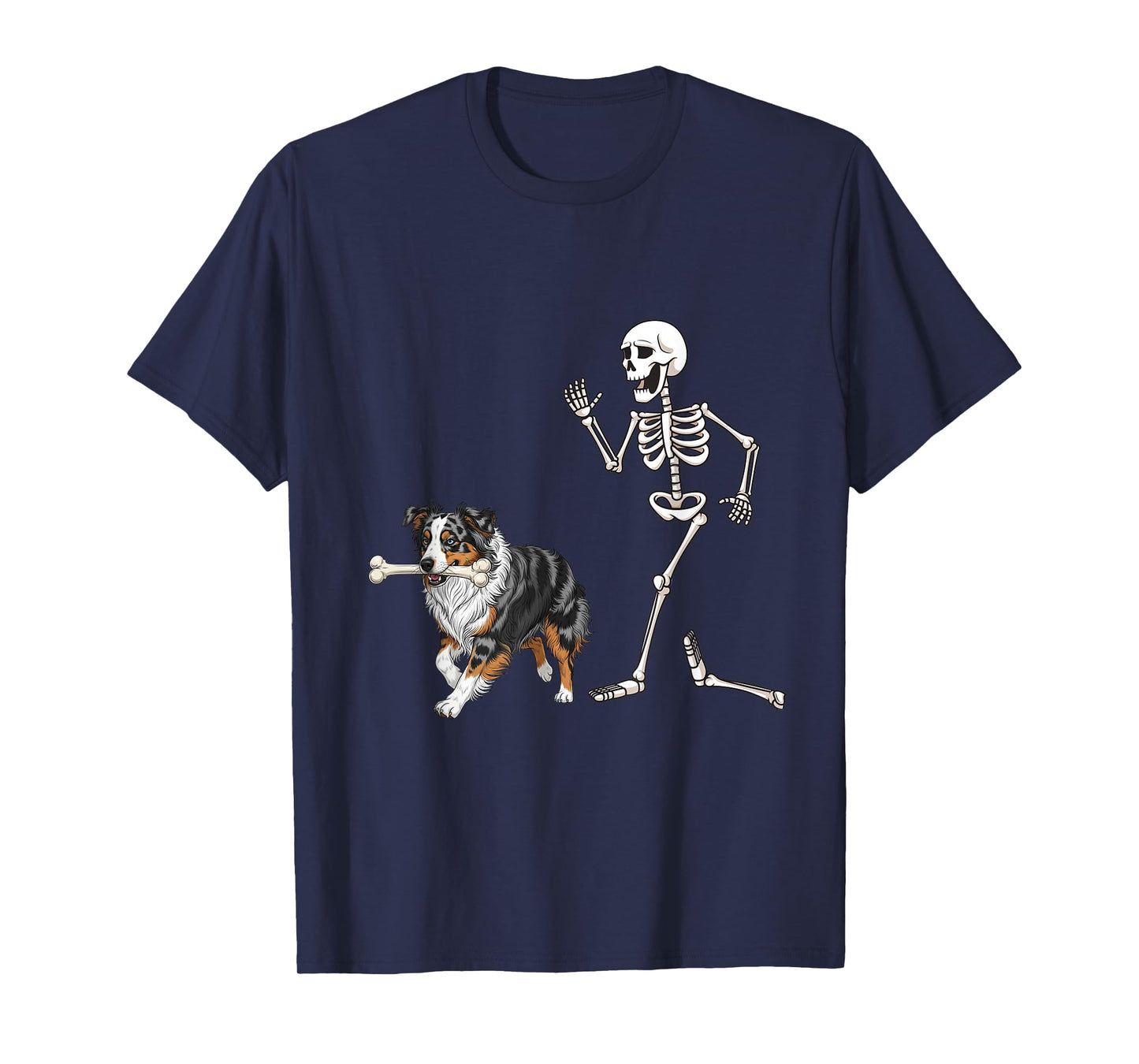 Funny Halloween Australian Shepherd and Skeleton T-Shirt
