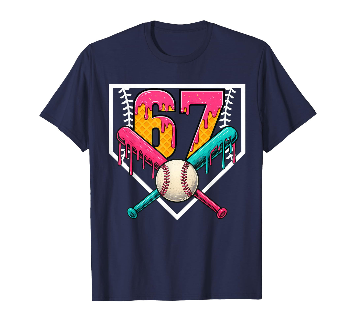 Baseball Ice Cream Drip Number 67 Player 67th Birthday T-Shirt