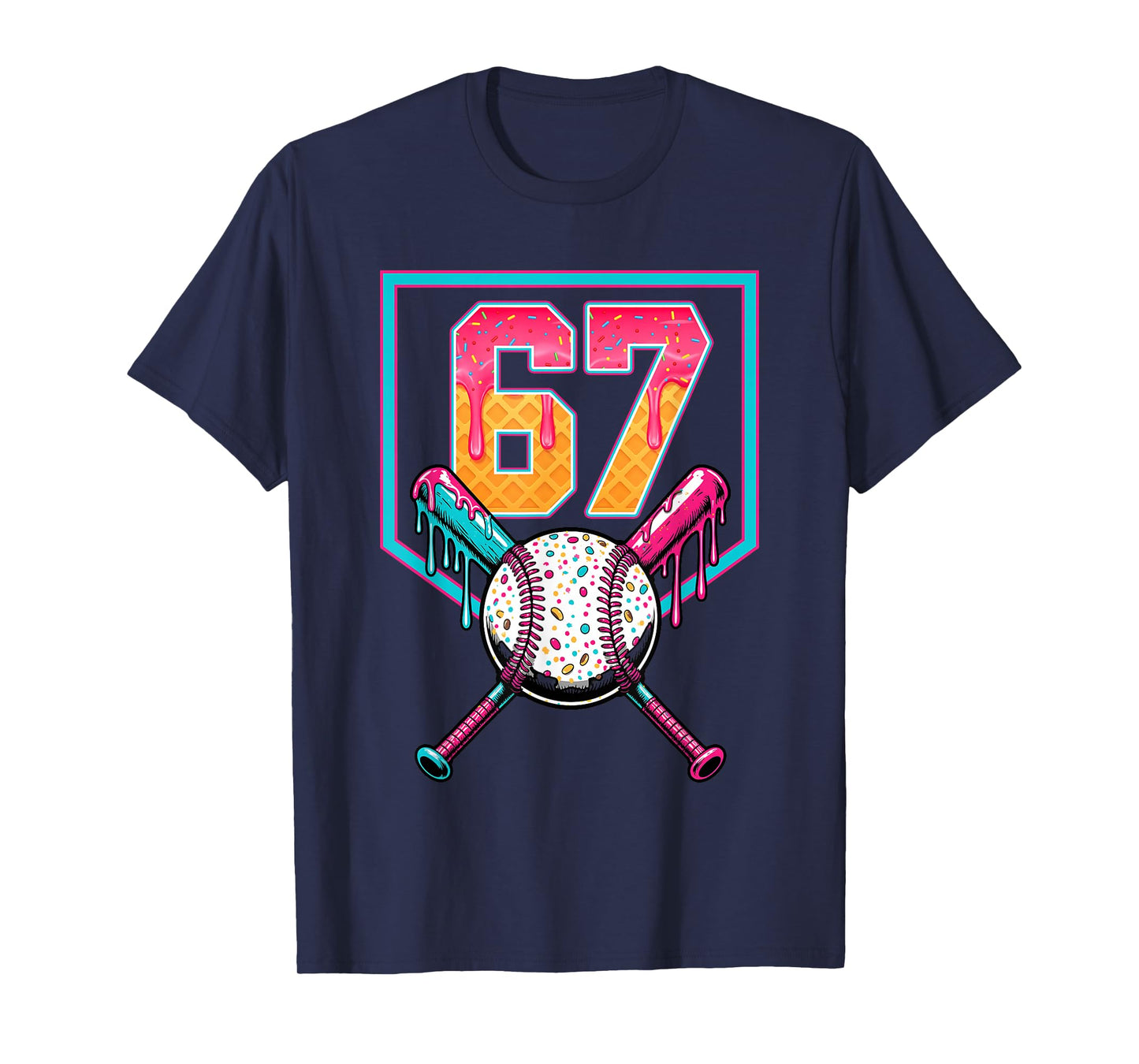 Baseball Ice Cream Drip Number 67 Player 67th Birthday Men T-Shirt