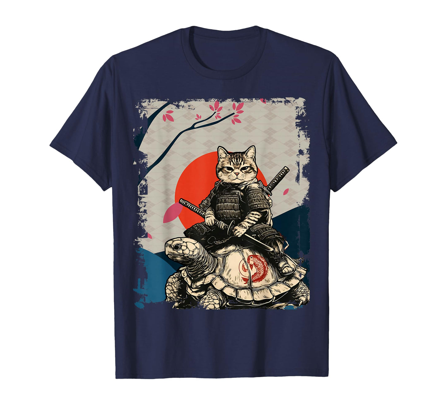 Japanese Ninja Art and Japan Samurai Cat on Turtle T-Shirt