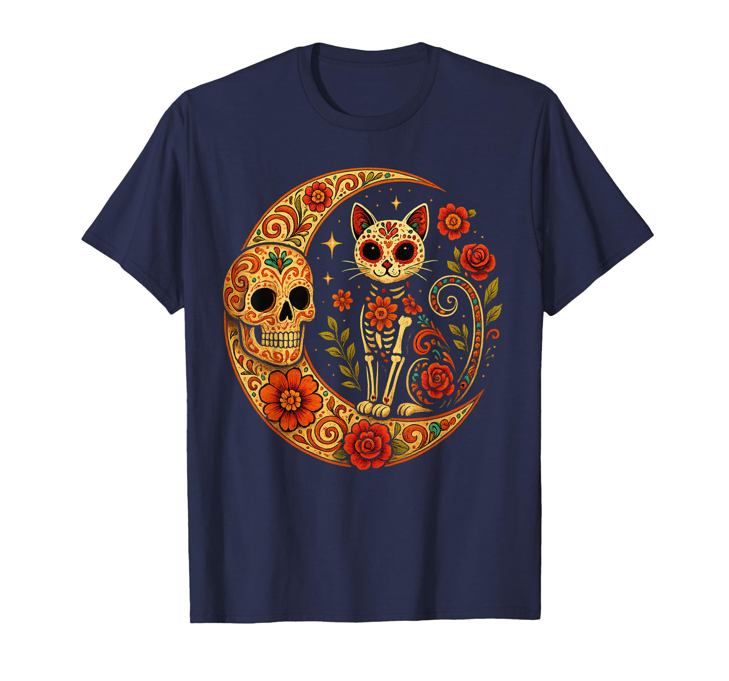 Sugar Skull Cat Moon Dia de Los Muertos Funny Halloween Cat T-Shirt