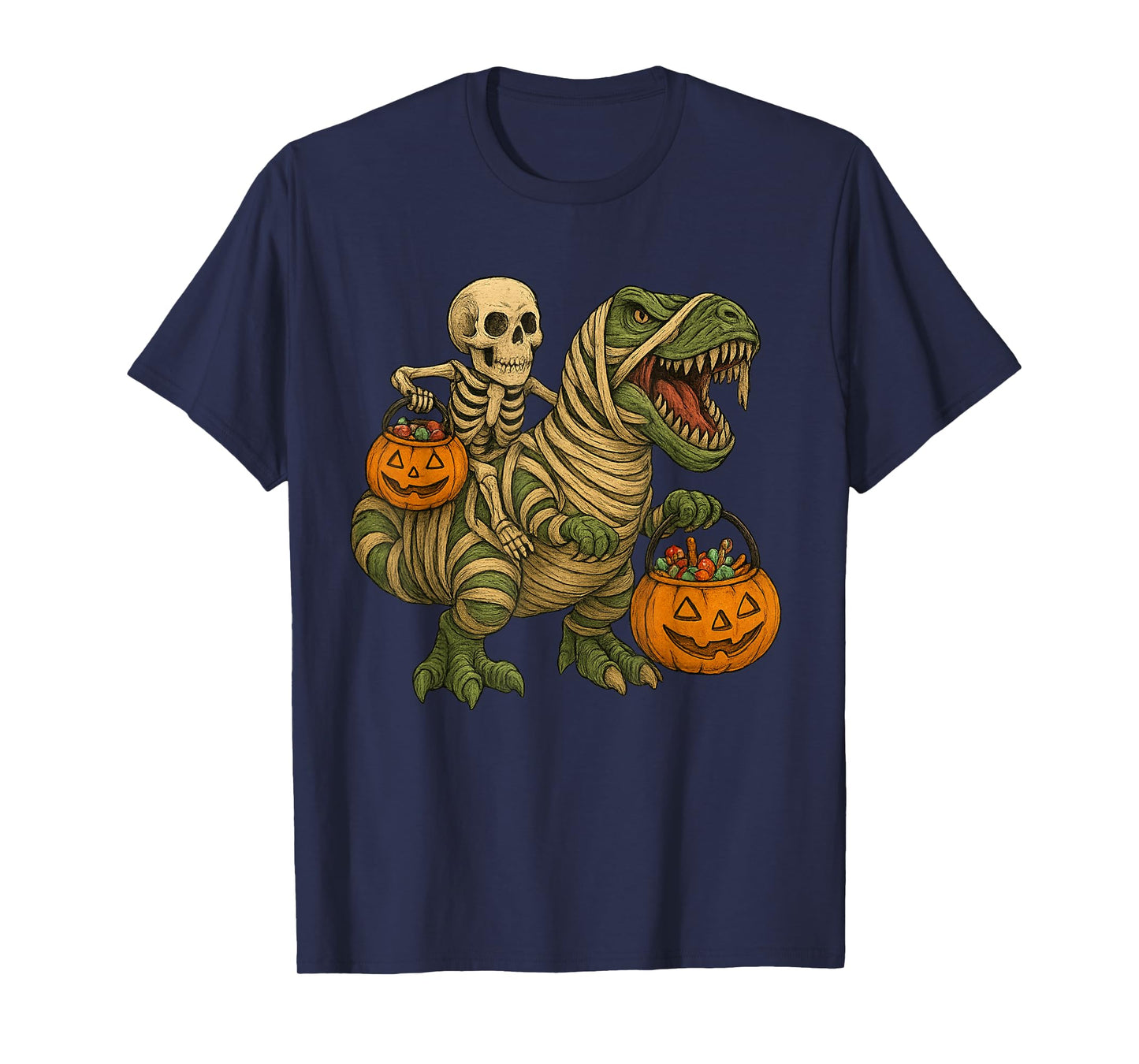 Skeleton Riding Mummy Dinosaur T Rex Halloween Funny Pumpkin T-Shirt