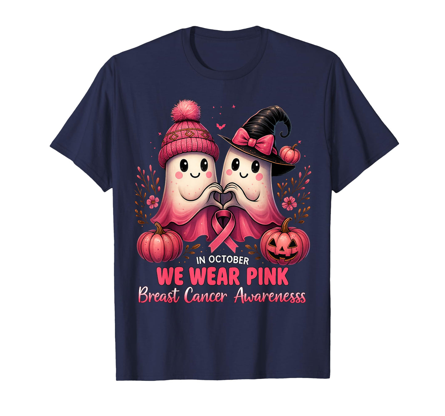 in October We Wear Pink Ghosts Breast Cancer Awareness T-Shirt