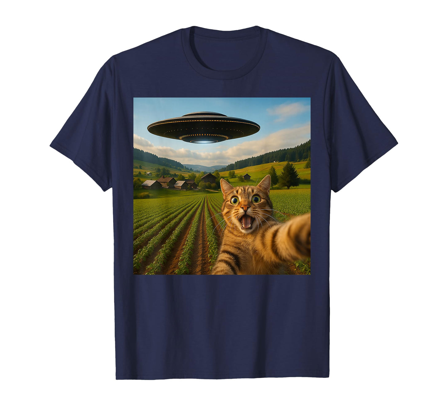 Funny Cat Selfie with Alien UFO for Men Women Kid T-Shirt