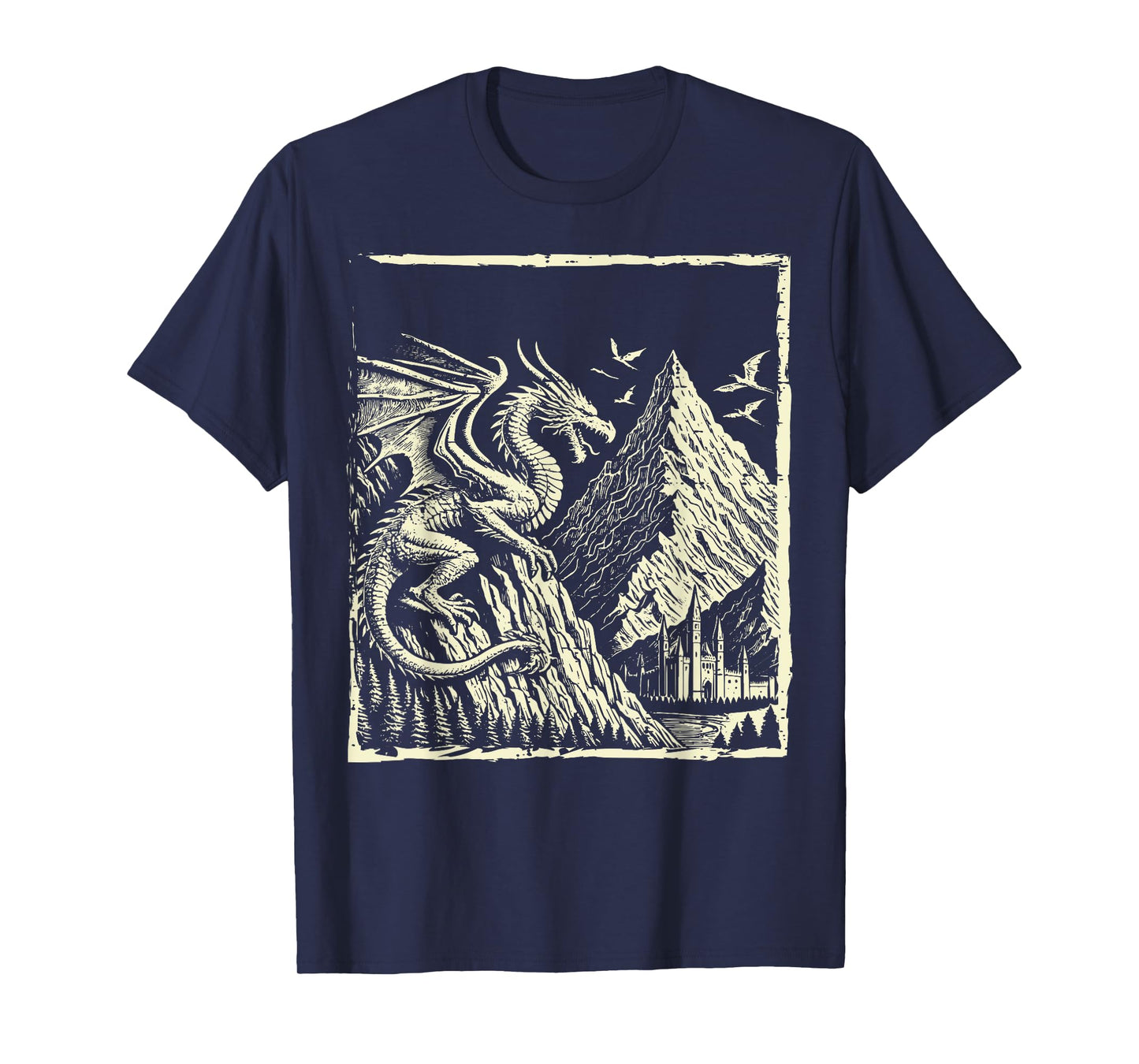 Medieval Dragon Mountain Castle Mythical Men Women Kids T-Shirt
