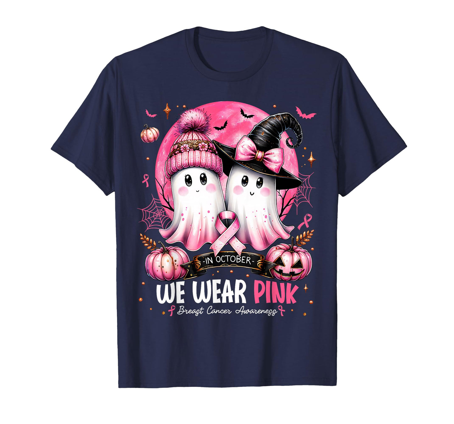 in October We Wear Pink Ghost Witch Breast Cancer Awareness T-Shirt