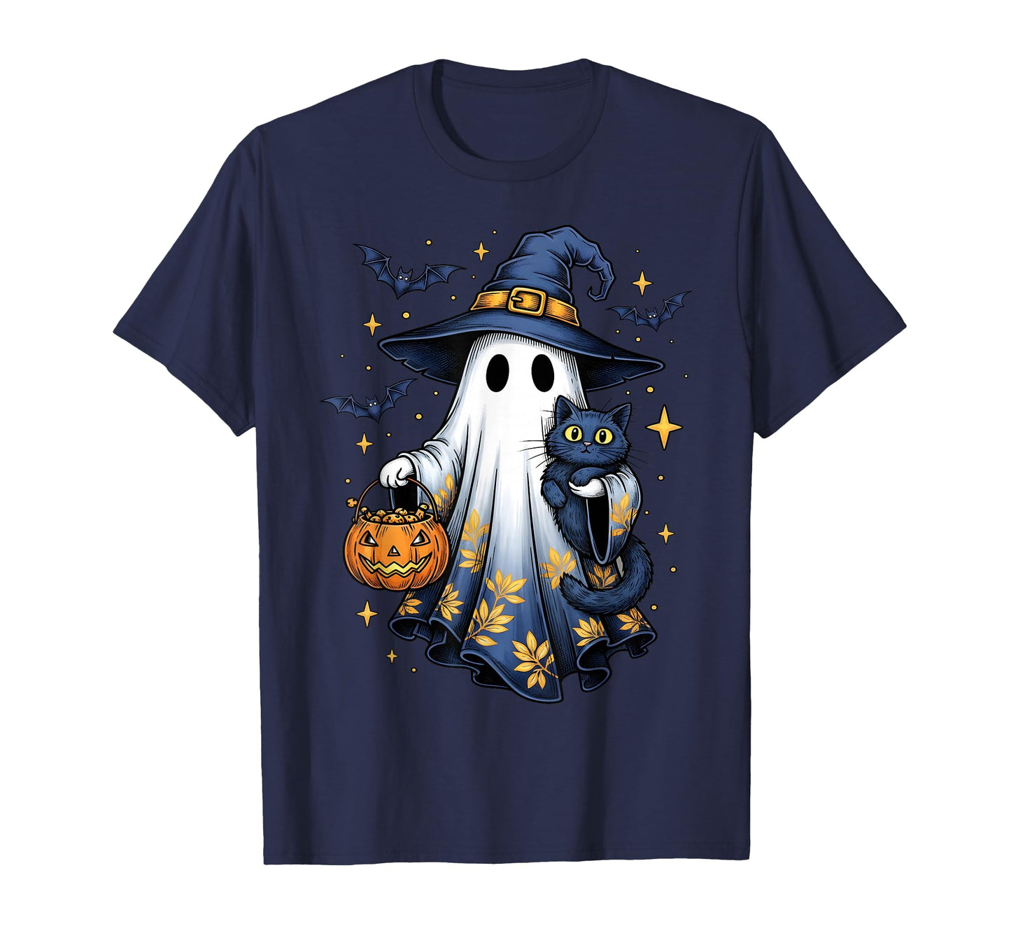 Halloween Ghost Witch Holding Black Cat Funny Halloween T-Shirt