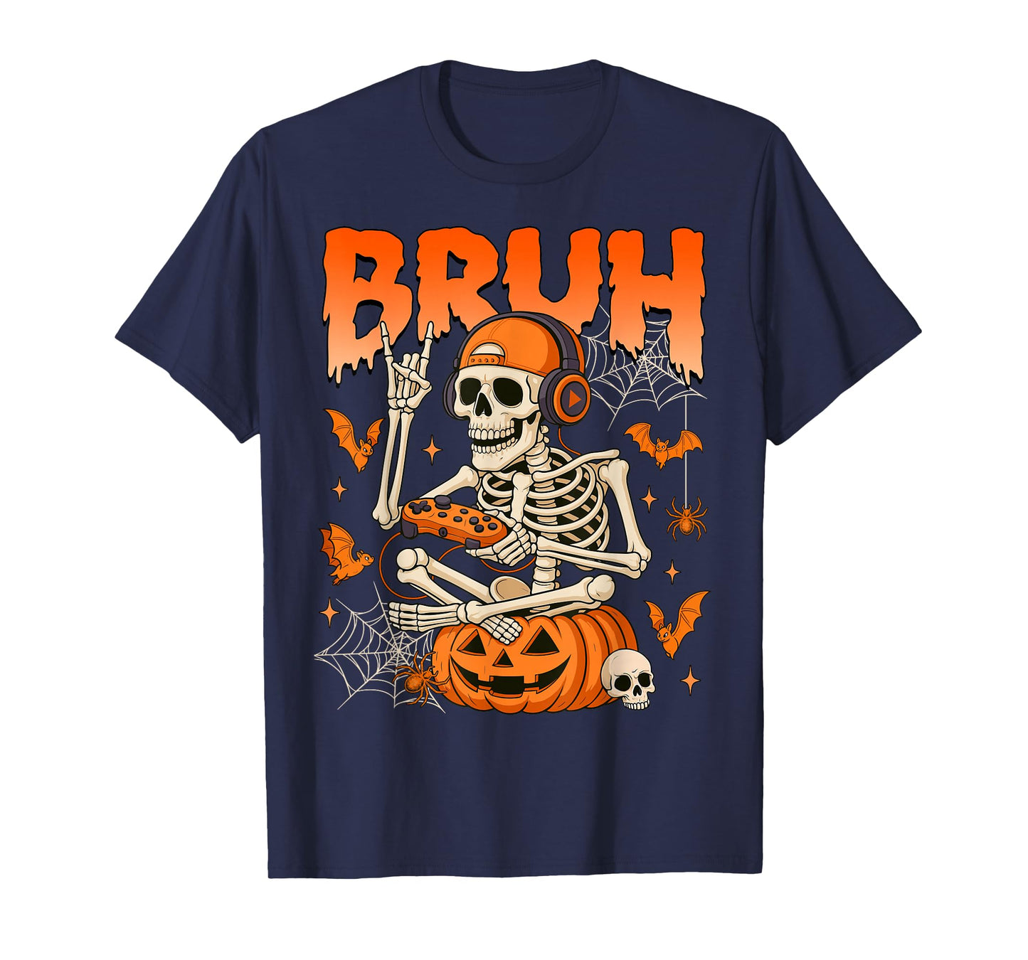 Bruh Halloween Boys Kids Gamer Mens Skeleton Video Gaming T-Shirt