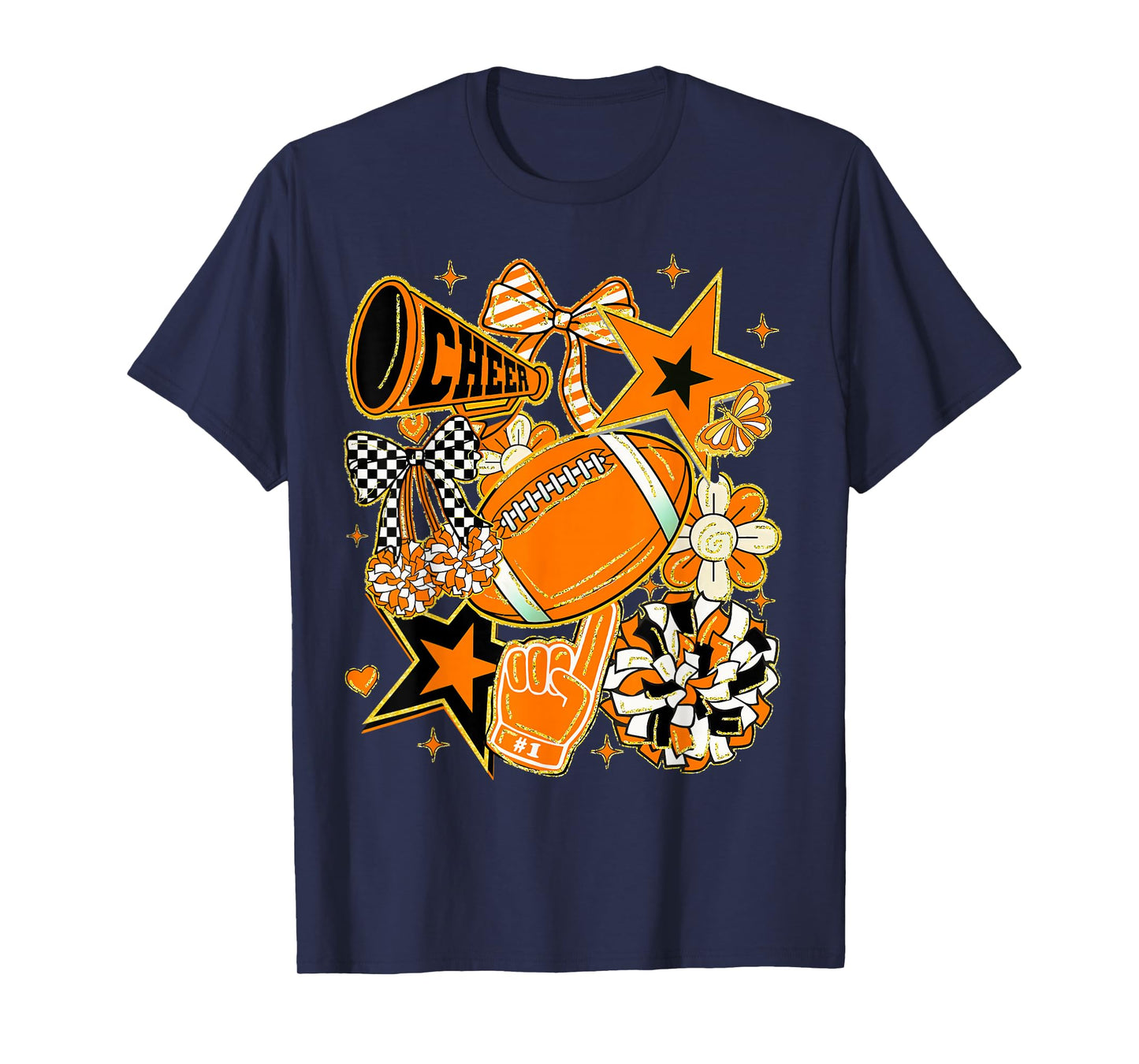 Coquette Bow Football Orange Black Game Cheer Mom Touchdown T-Shirt