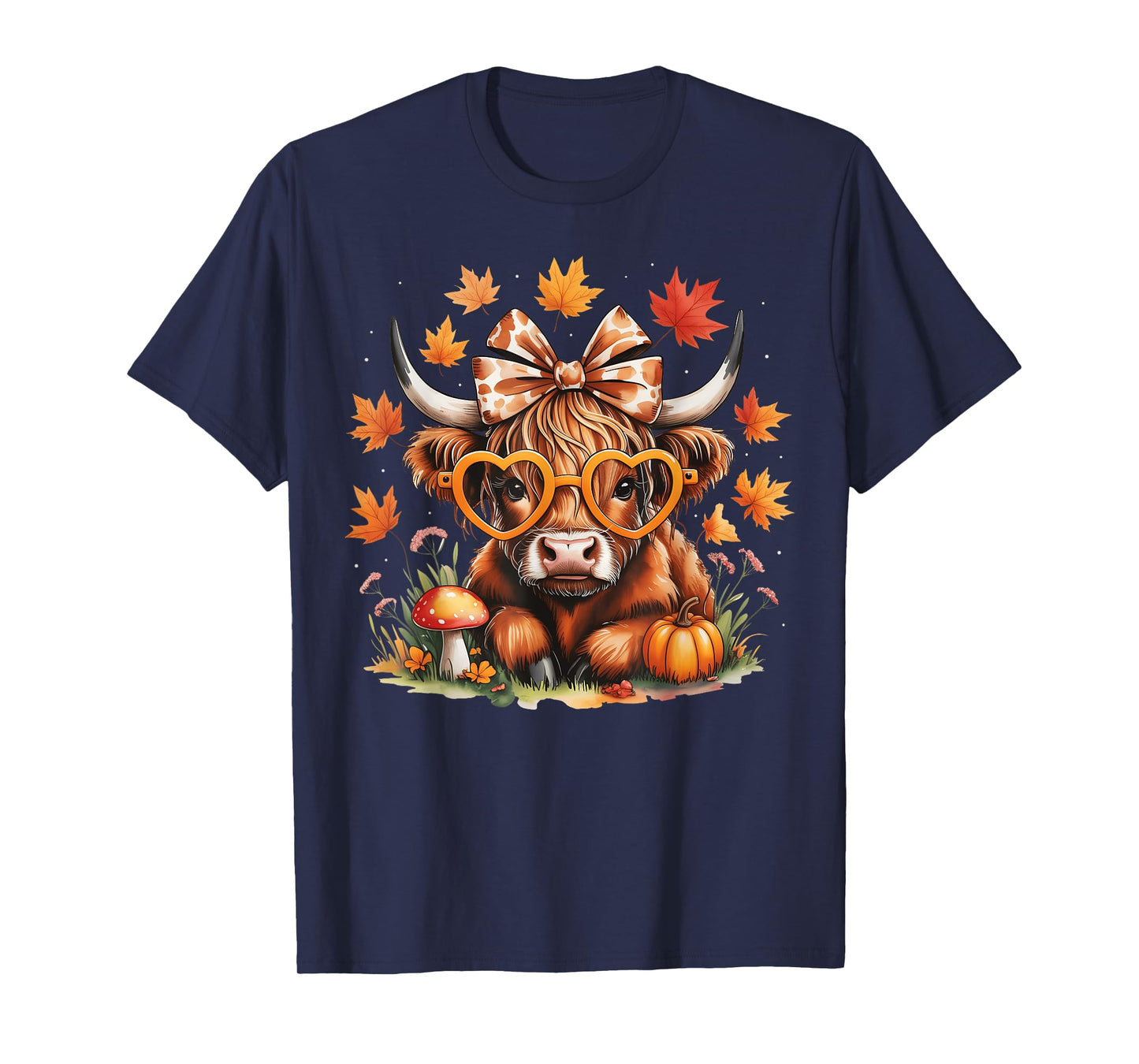 Fall Highland Cow Pumpkin Bow ThanksGiving Fall Girl Women T-Shirt