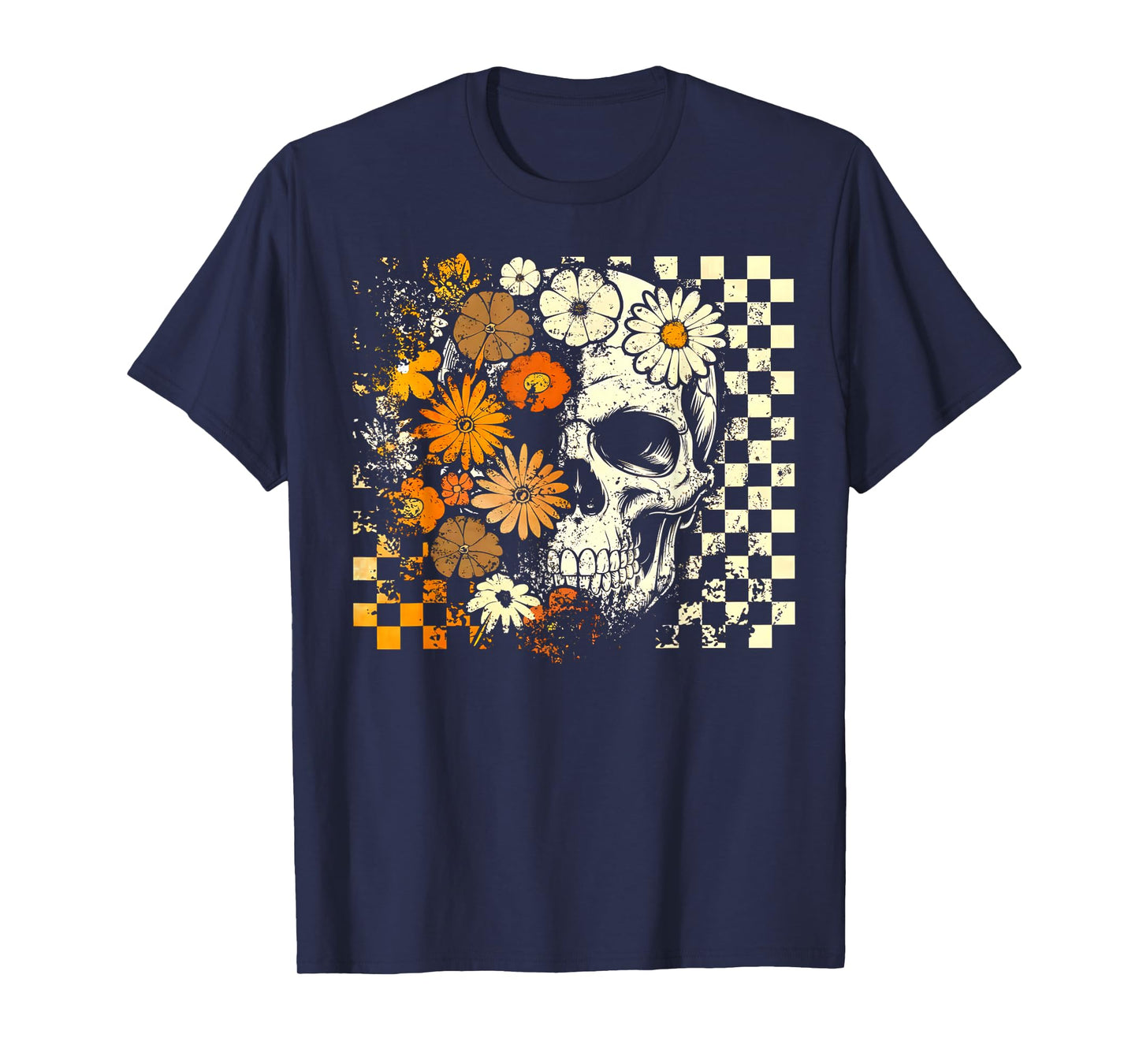 Checkered Boho Floral Skull Halloween Girl Women T-Shirt