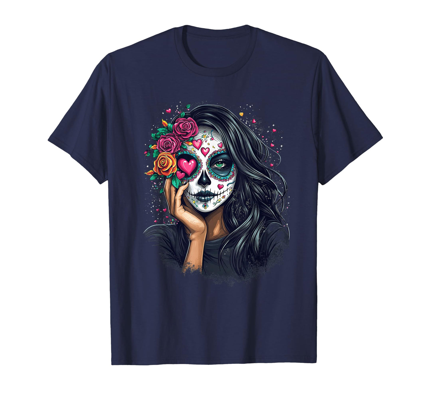 Floral Mexican Day of the Dead Dia De Muertos Heart Women T-Shirt