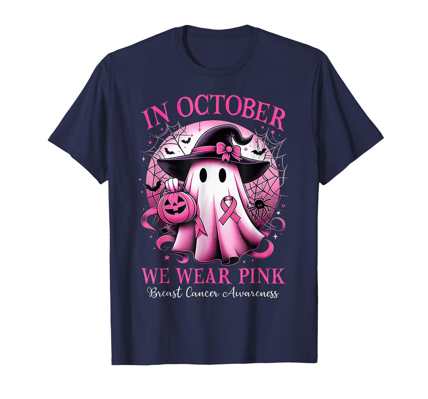 In October We Wear Pink Witch Ghost Breast Cancer Awareness T-Shirt