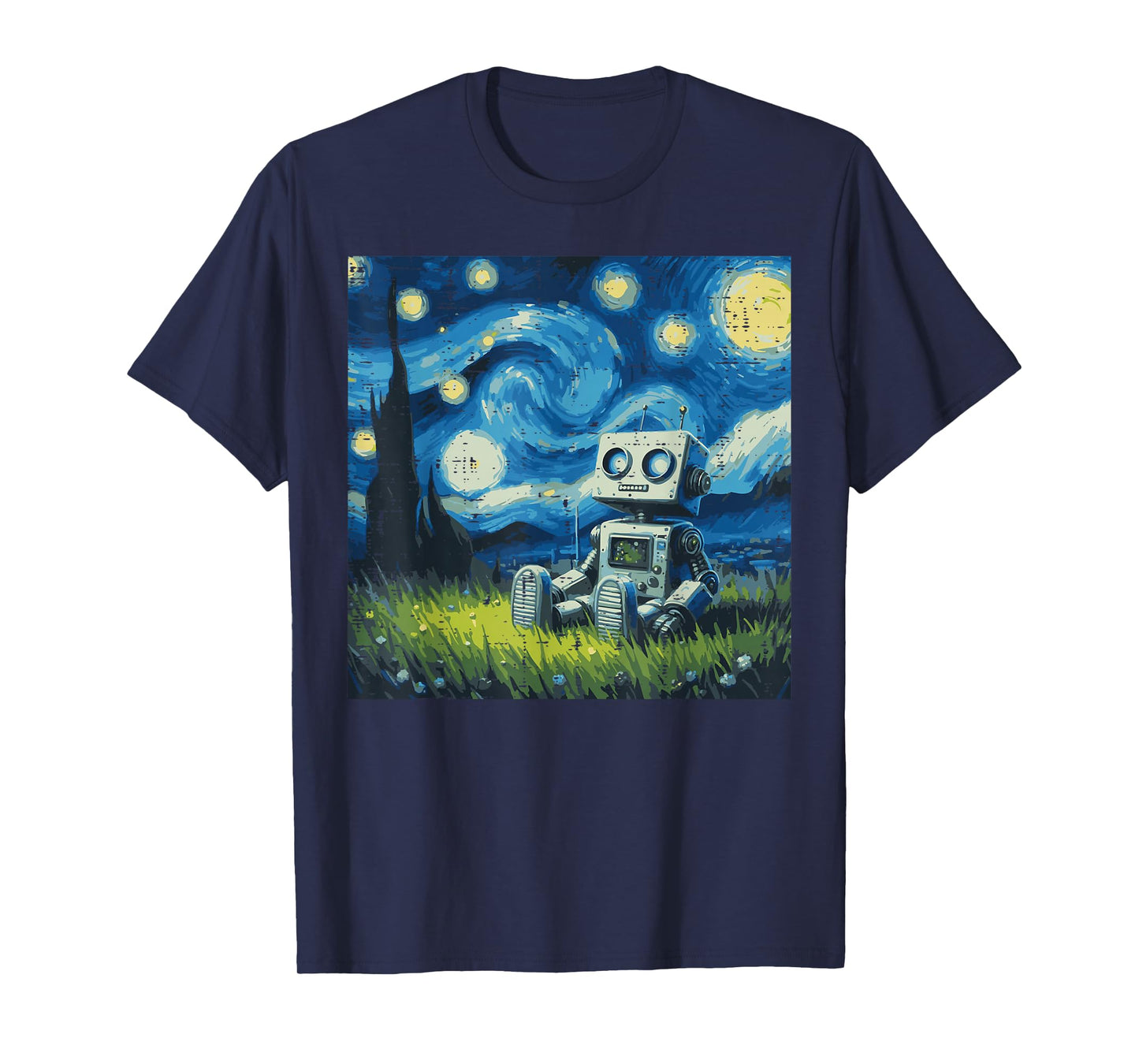 Starry Night Robot Funny Painting Art Meme Kids Men Women T-Shirt
