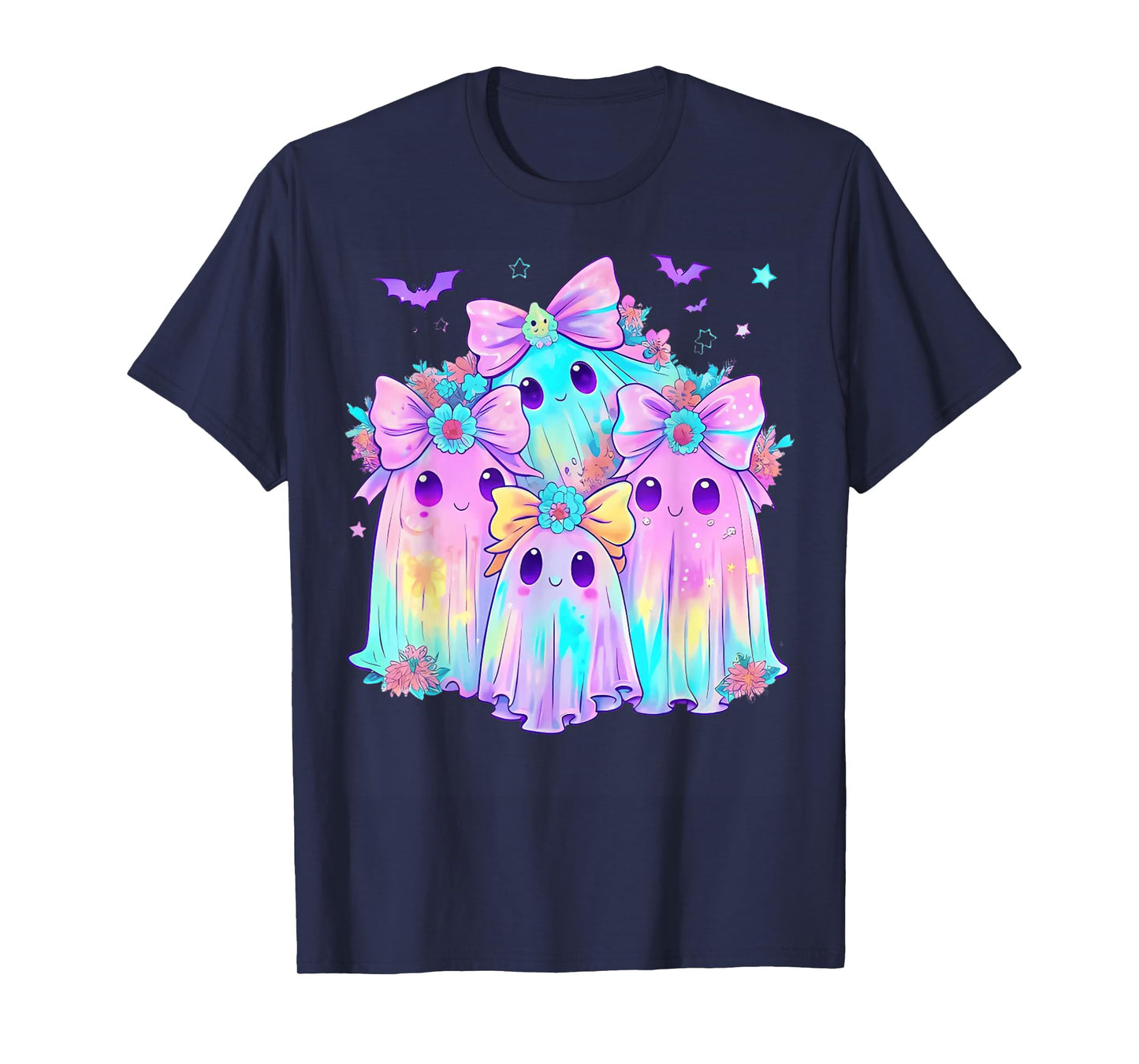 Preppy Coquette Cute Boo Ghost with Bow Halloween Flowers T-Shirt
