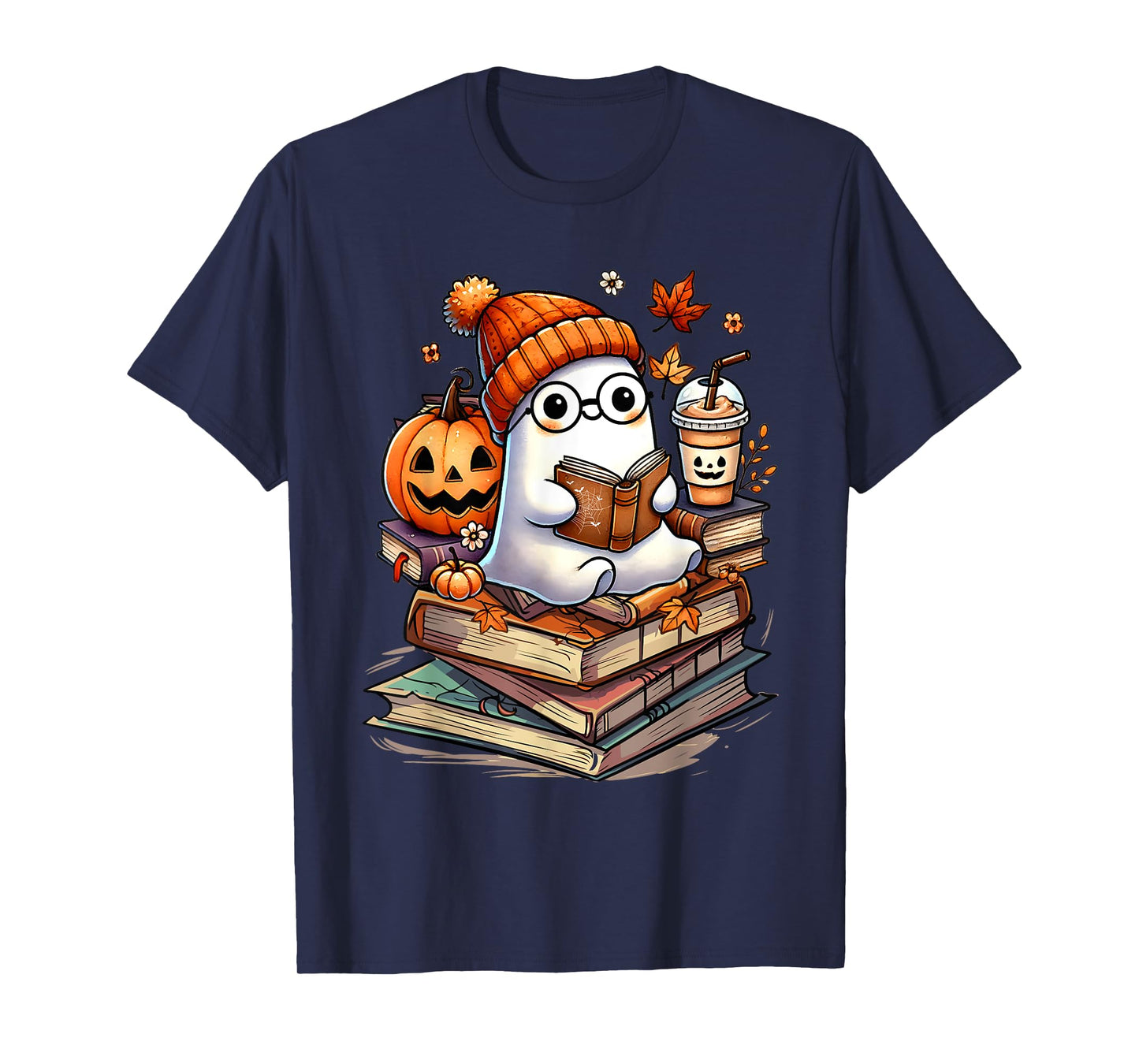 Cute Ghost Reading Book Lovers Autumn Fall Halloween Ghost T-Shirt