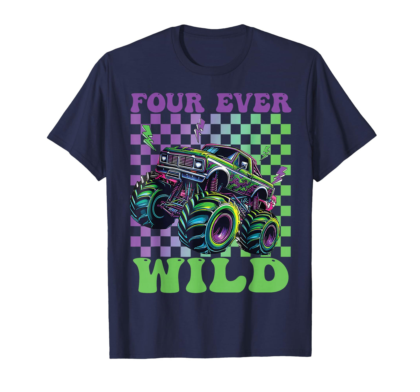 Funny Four Ever Wild 4th Birthday Kids Monster Truck T-Shirt