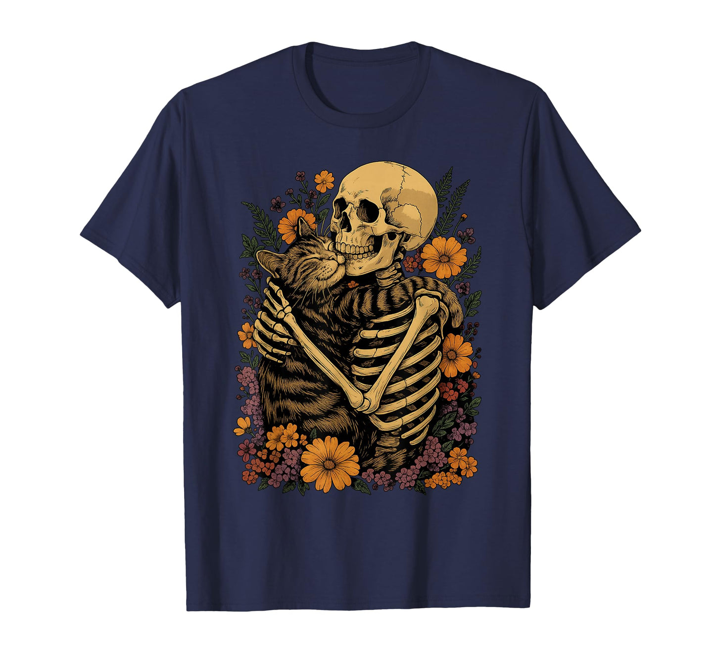 Skeleton Hugging Cat Floral Halloween Cats Lover T-Shirt T-Shirt