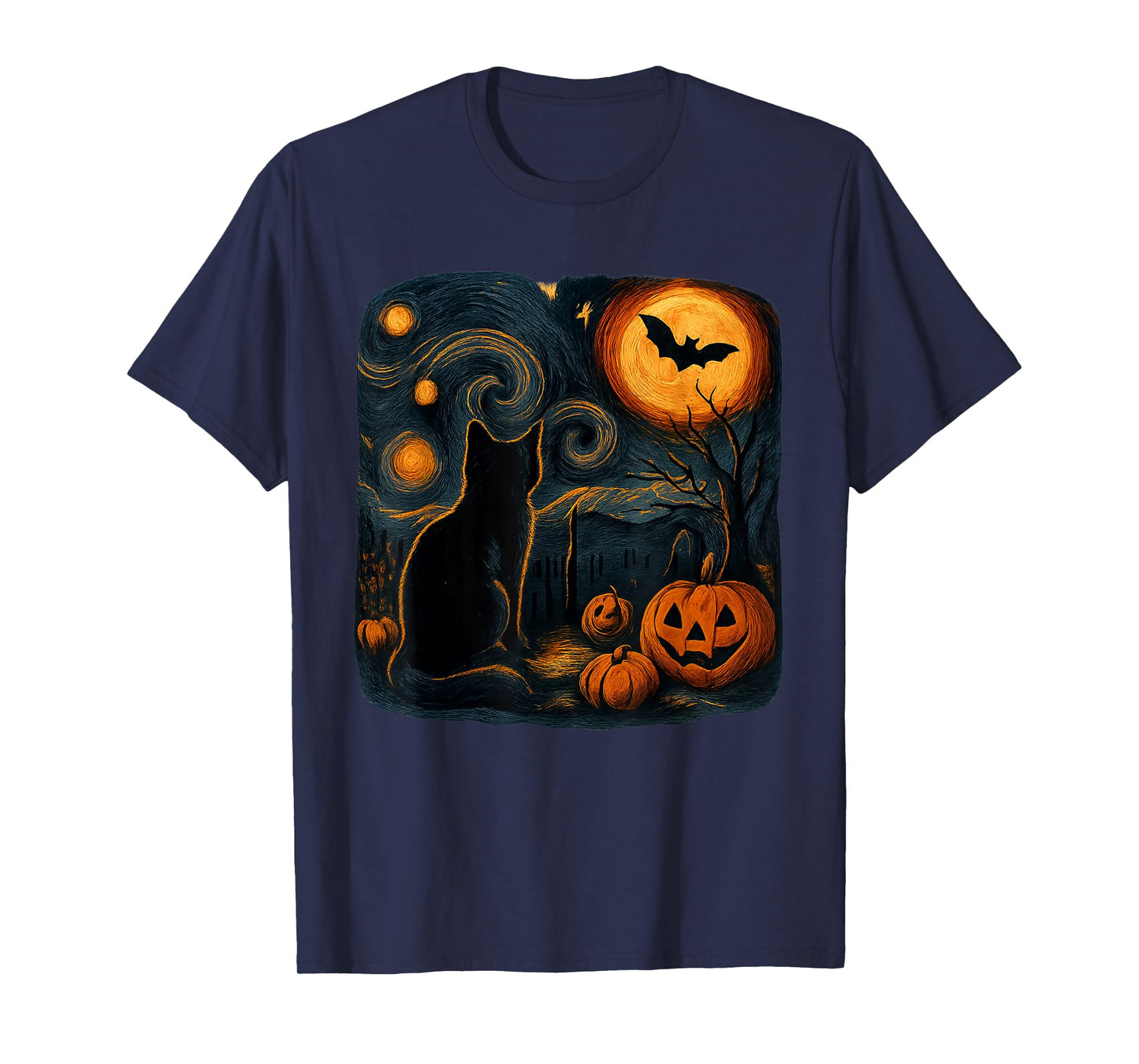 Halloween Black Cat Van Gogh Starry Night Cat Lovers Cat T-Shirt