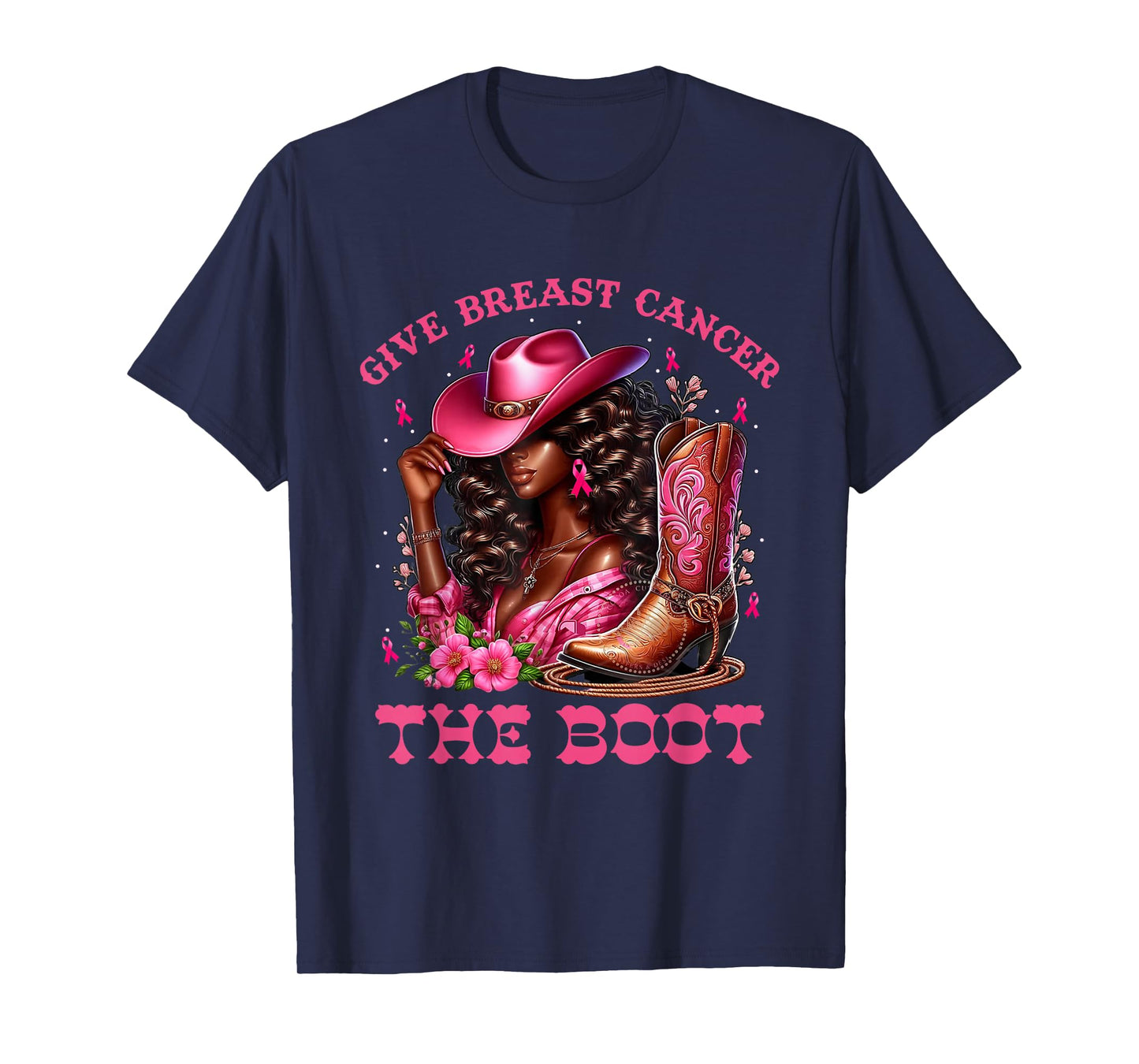 Give Breast Cancer The Boot Cowgirl Cancer Awareness Ribbon T-Shirt