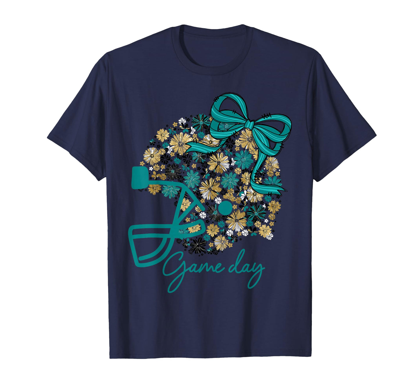 Floral Football Game Day Girly Team Spirit Black Teal & Gold T-Shirt