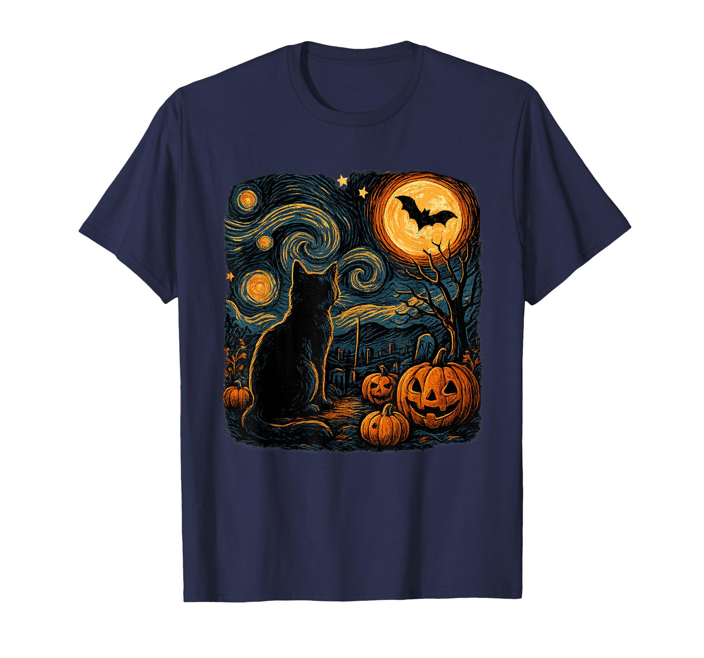 Halloween Black Cat Van Gogh Starry Night Cat Lovers Cat T-Shirt
