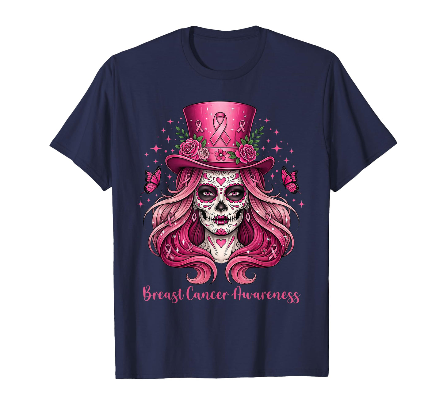 Skull Breast Cancer Awareness Skeleton Women Pink Ribbon T-Shirt