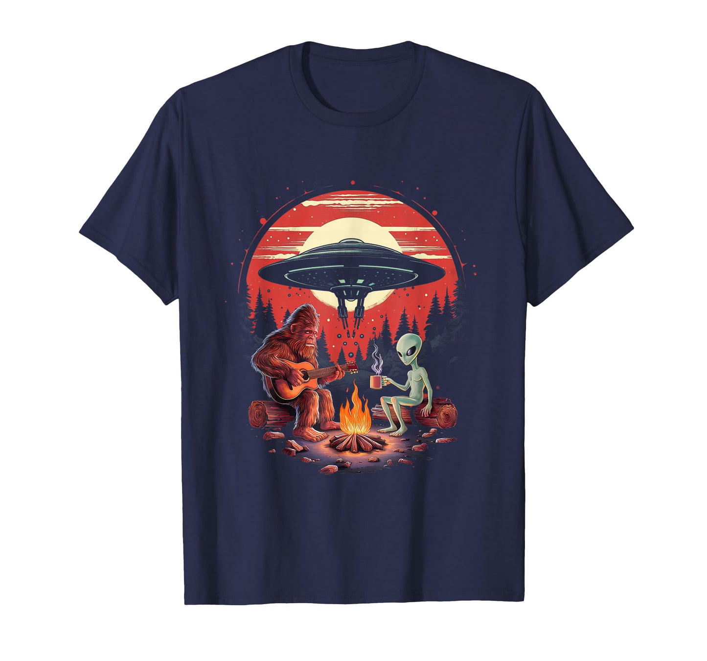 Alien And Bigfoot Campfire Sasquatch UFO For Outdoor Lovers T-Shirt