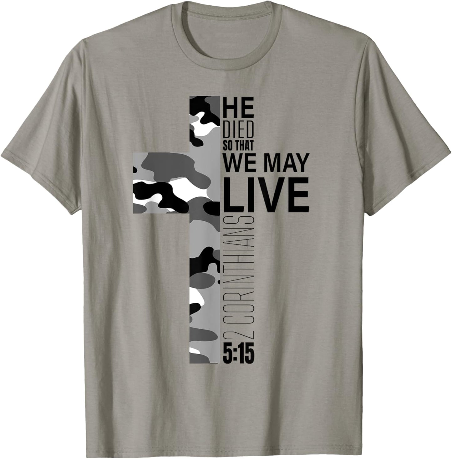 Christian Bible Verse Black White Camo Cross Easter Graphic T-Shirt - T-Shirt | Sand