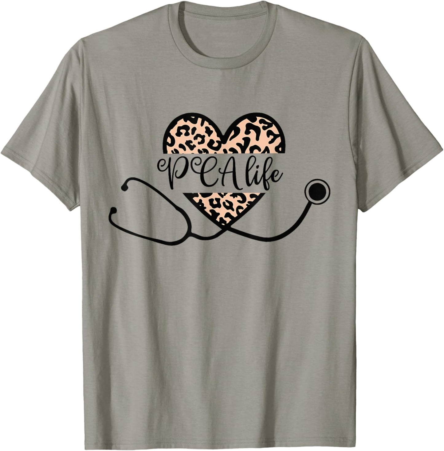 Love PCA Life Heart Nursing Leopard Stethoscope Nurse Week T-Shirt - T-Shirt | Sand