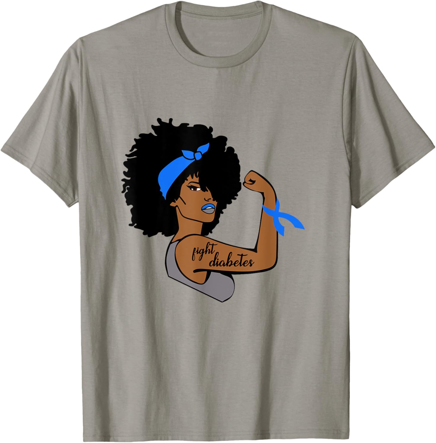 Fight Diabetes African American Woman Blue Ribbon Awareness T-Shirt - T-Shirt | Sand
