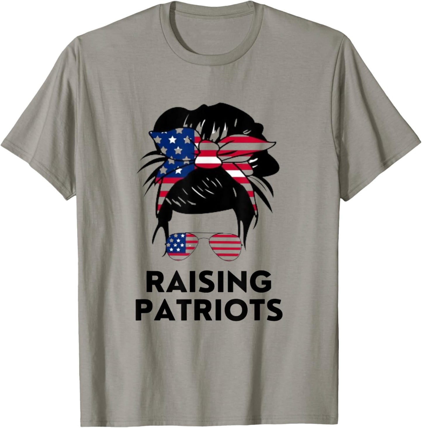 Raising Patriots Messy Bun Mom American Flag T-Shirt - T-Shirt | Sand