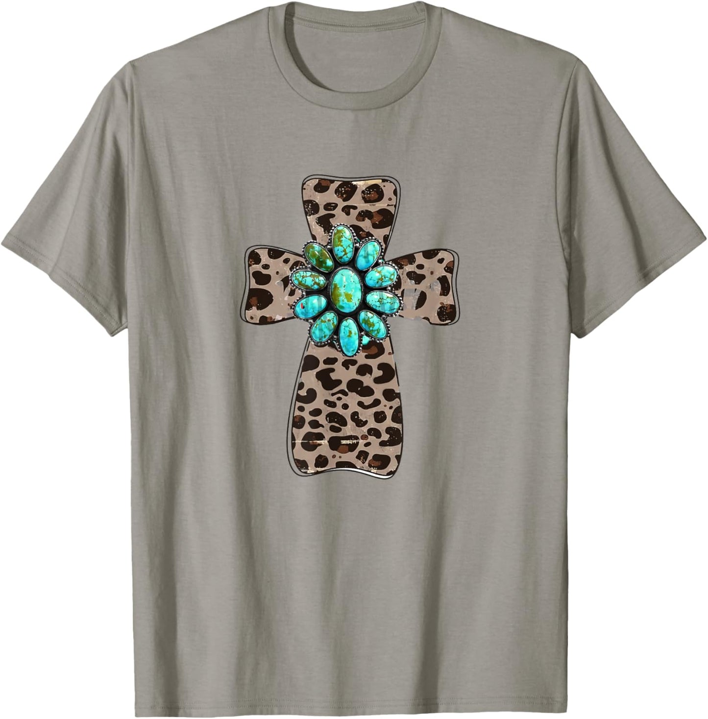 Leopard Cross With Turquoise Southern Western Christian T-Shirt - T-Shirt | Sand