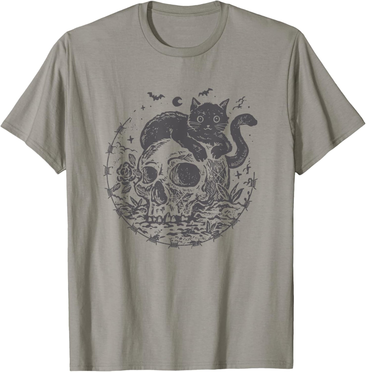 Mysterious Black Cat On A Skull Witchy Aesthetic Grunge T-Shirt - T-Shirt | Sand