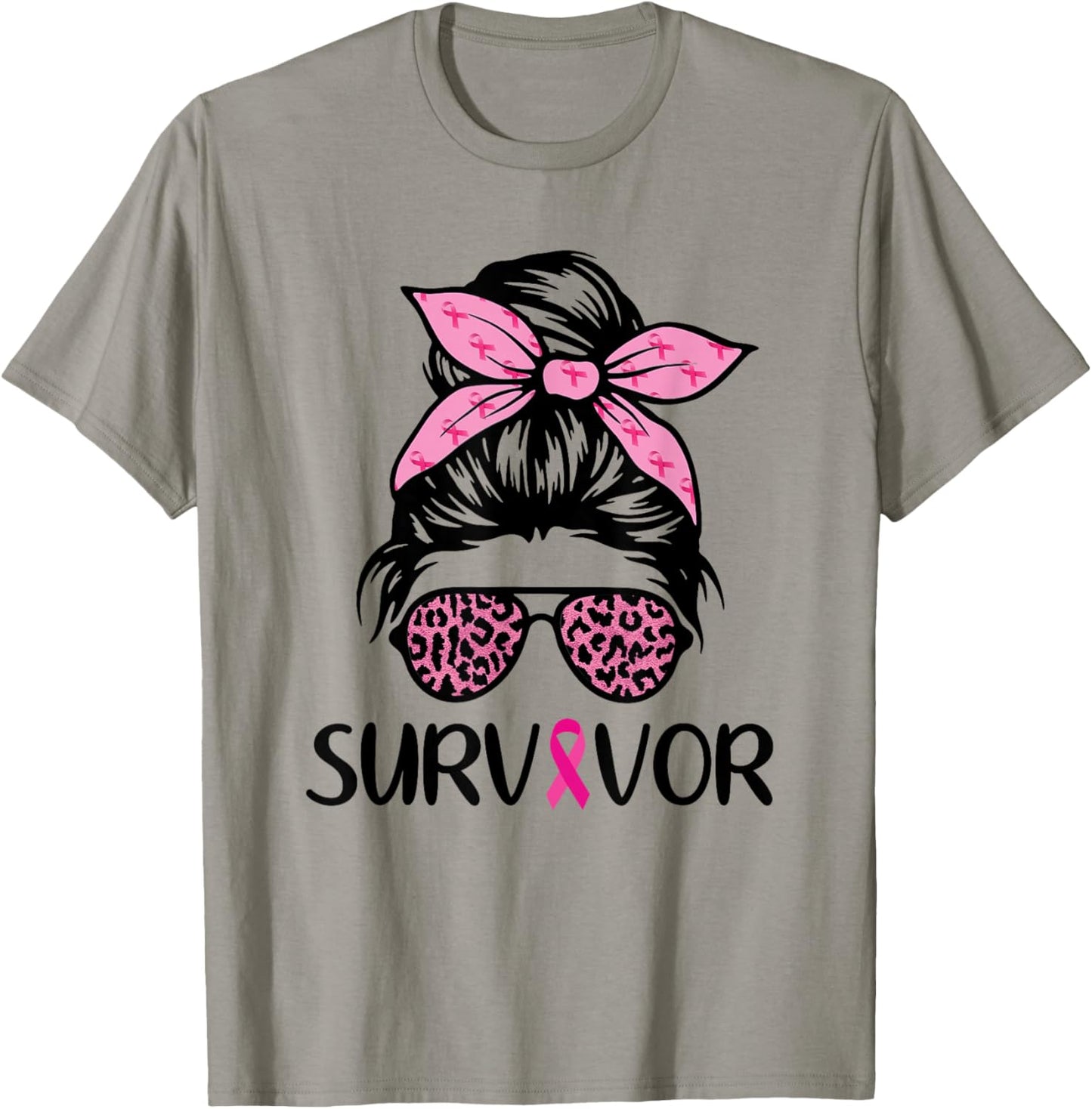 Survivor Breast Cancer Awareness Shirt Messy Bun Pink T-Shirt - T-Shirt | Sand