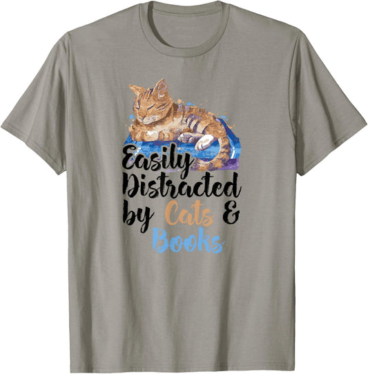Easily Distracted by Cats And Books for Cat Lovers Men Women Kids T-Shirt - T-Shirt | Sand